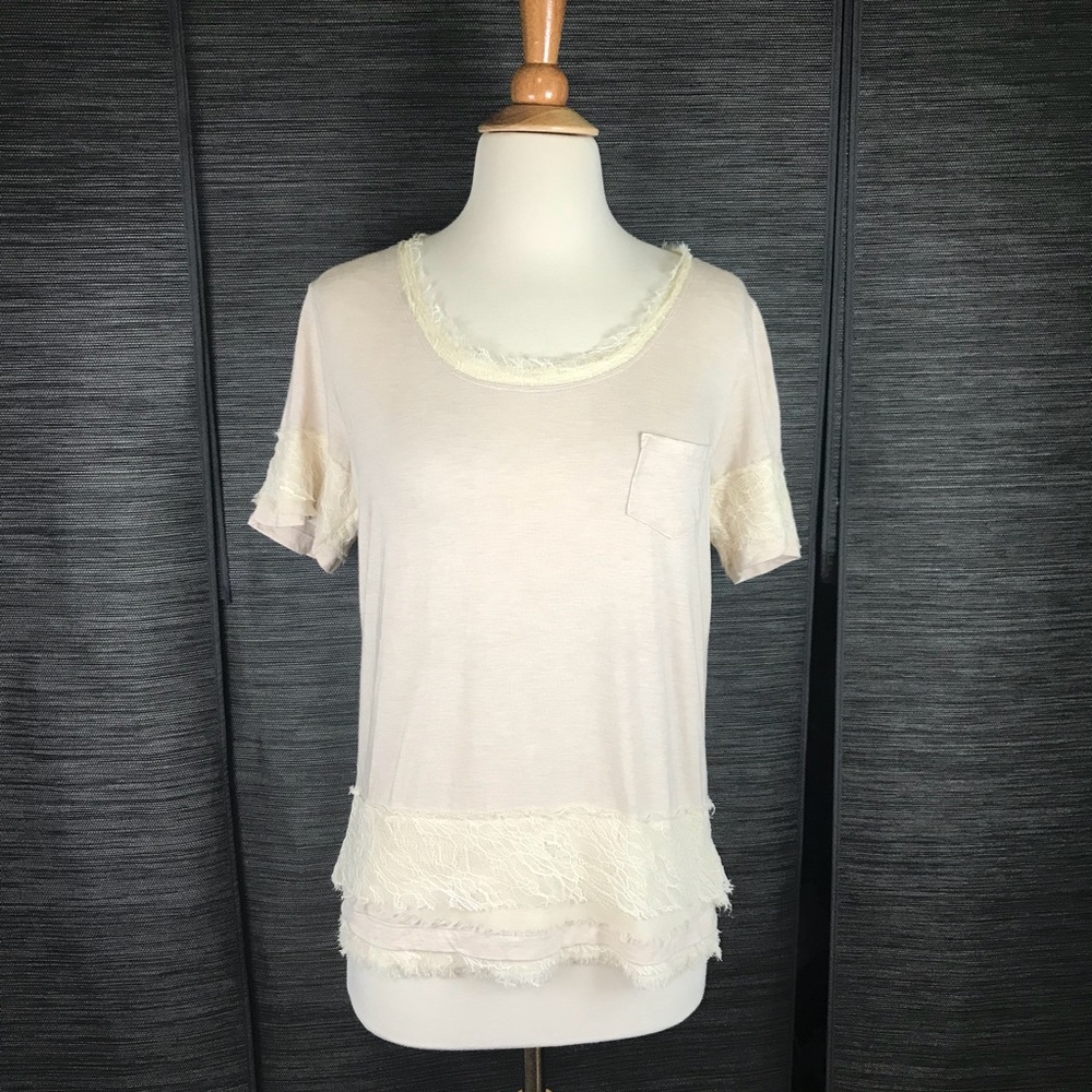 DIANE VON FURSTENBERG DVF Lace Trim Silk Blend Tee